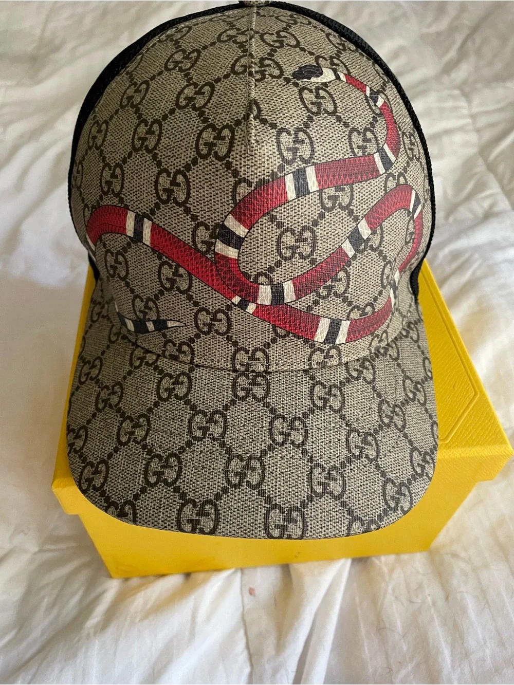 Gucci Brown GG Supreme Baseball Cap with Red Snake Motif